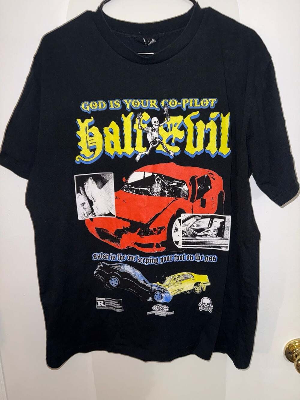 Half Evil 333 God Is Your Co-Pilot Skeleton Car Crash T-Shirt